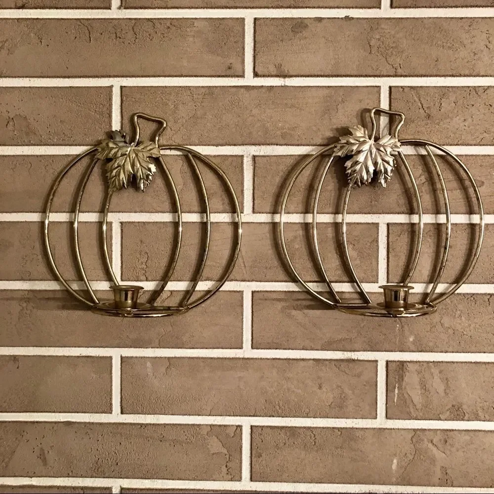 Vintage Pumpkin Wall Hanging Candlestick Holders in Gold Lot of 2